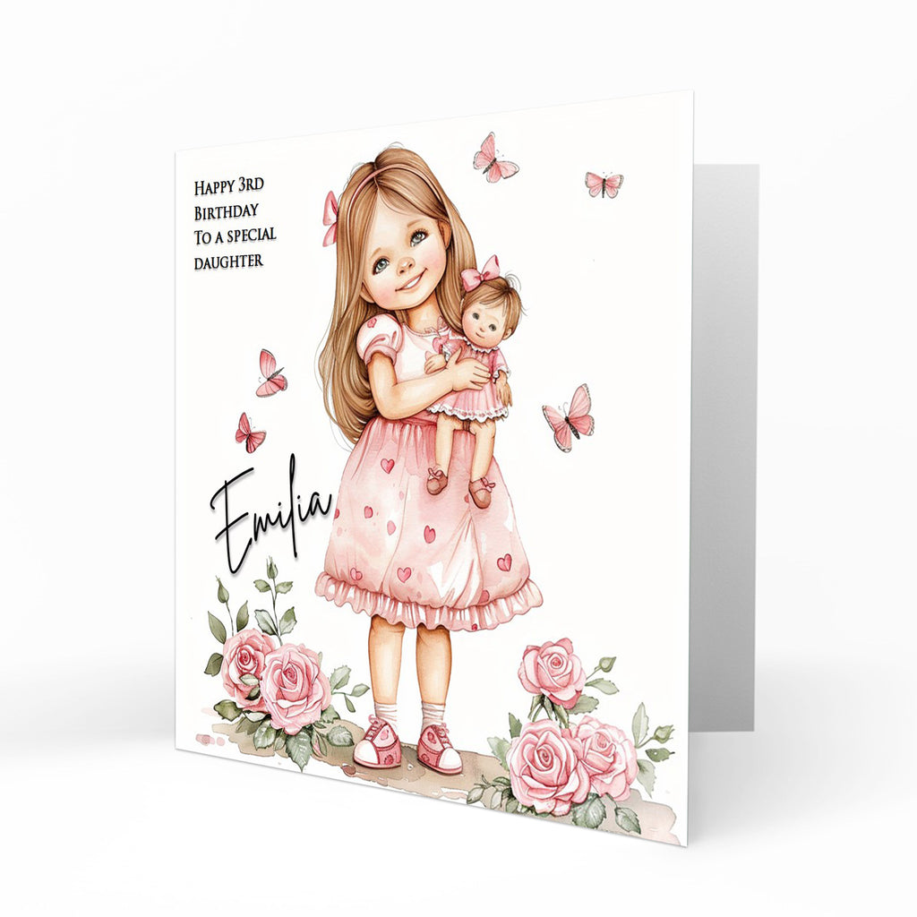 Personalised Birthday Card for Girls - Girl with a Doll and Butterflies