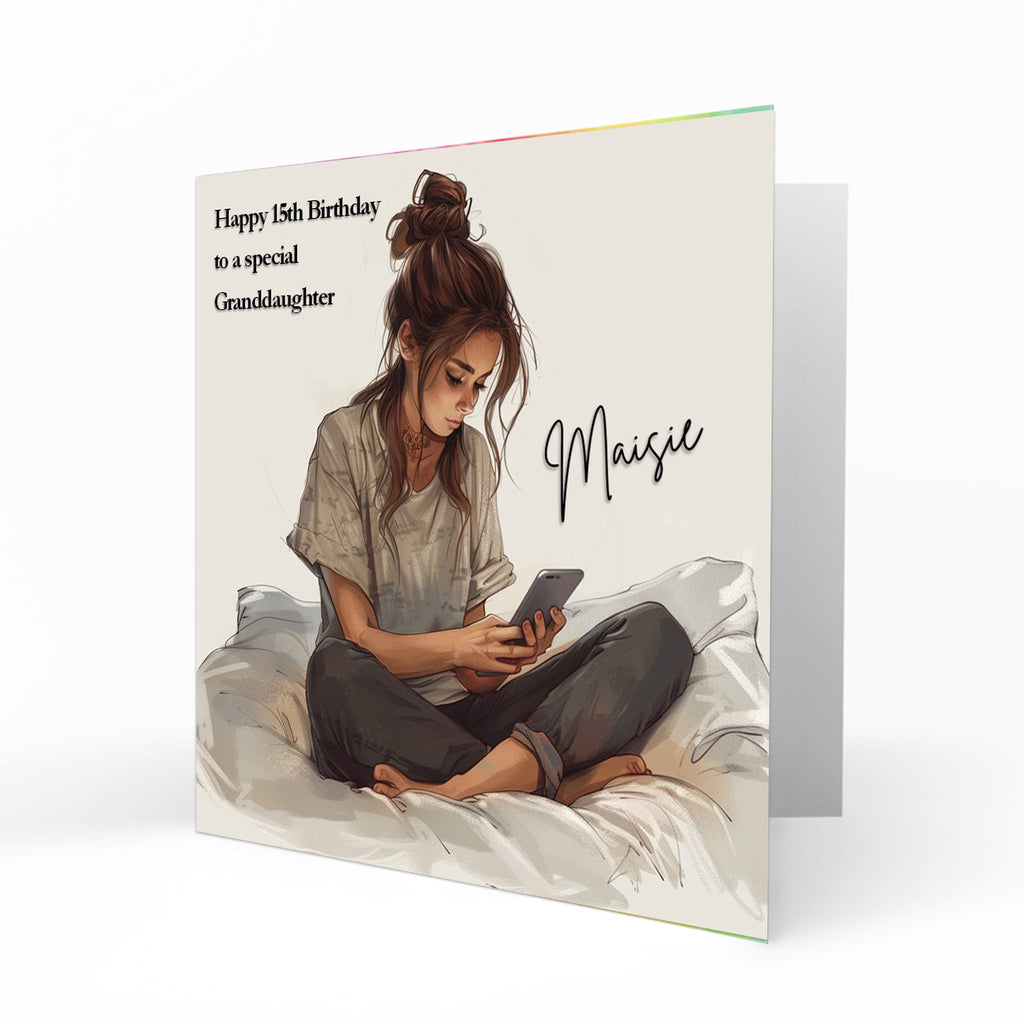 Personalised Birthday Card for Girls - Girl Using a Mobile Phone