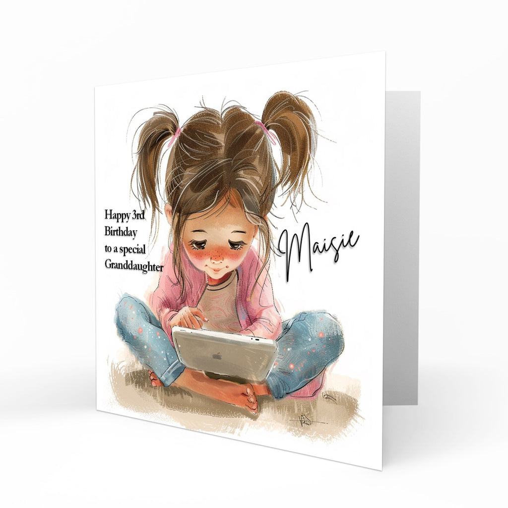 Personalised Birthday Card for Girls - Girl Using a Tablet