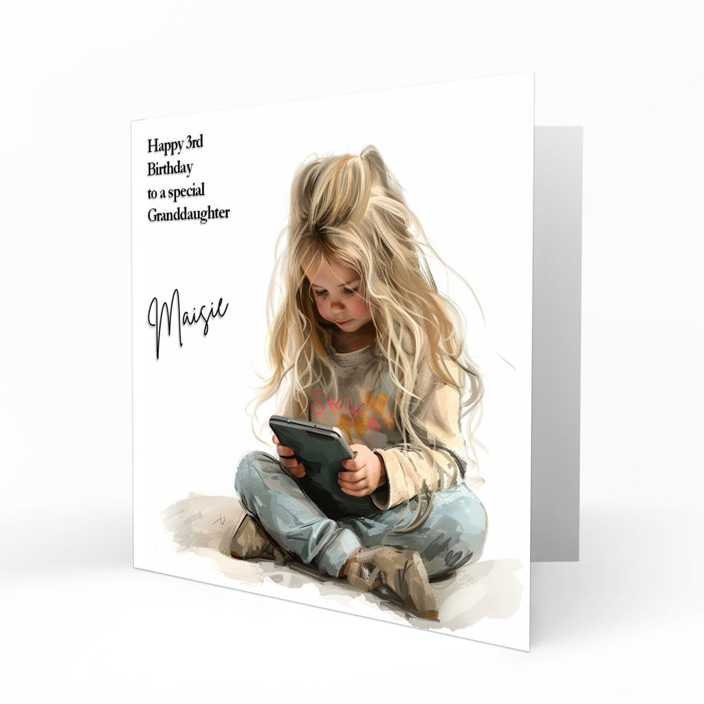Personalised Birthday Card for Girls - Girl Using a Tablet