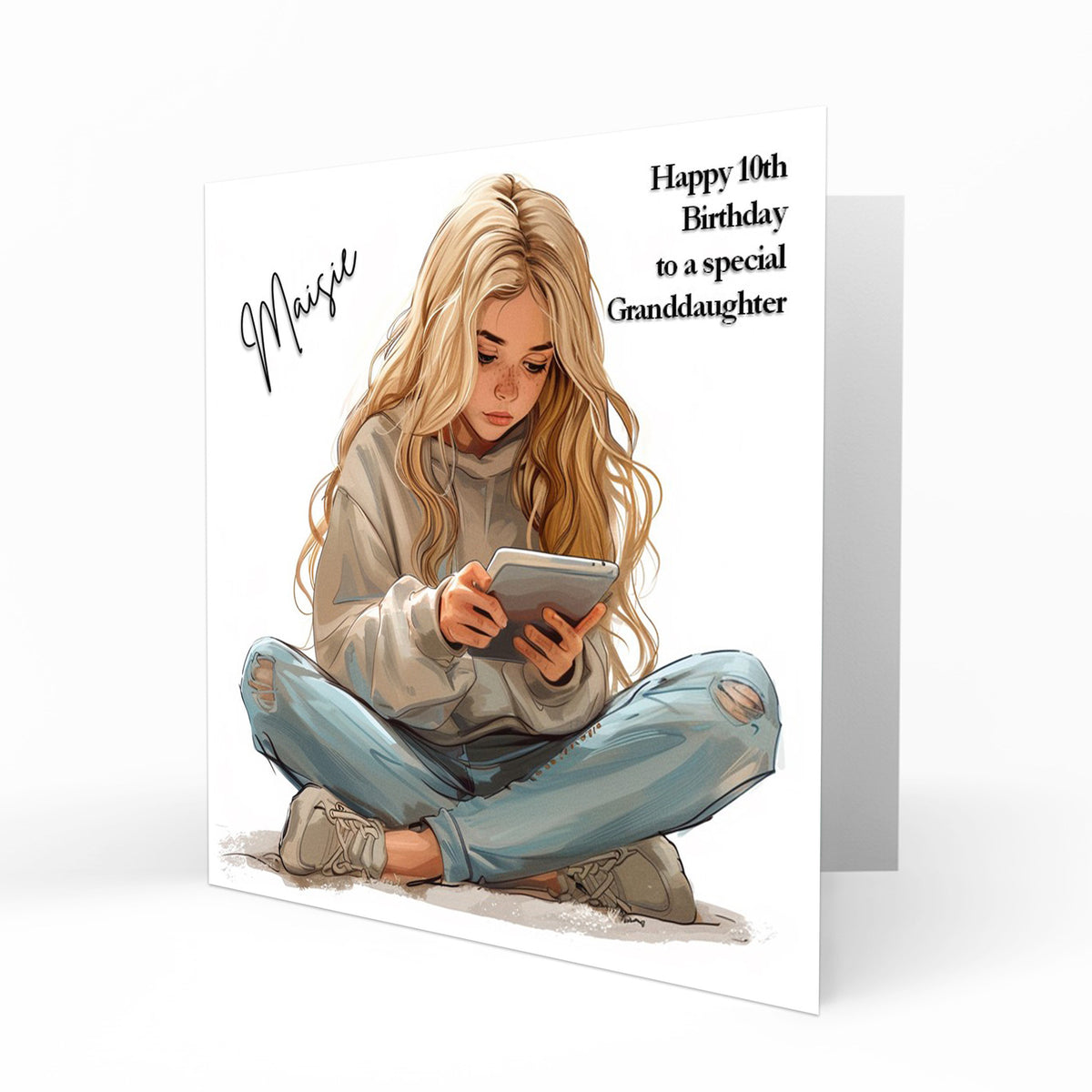Personalised Birthday Card for Girls - Girl Using a Tablet