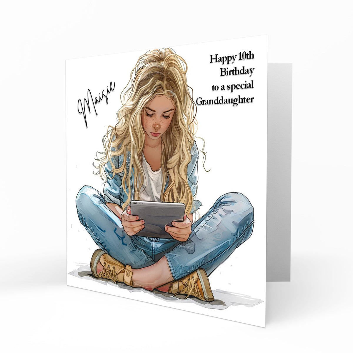 Personalised Birthday Card for Girls - Girl Using a Tablet