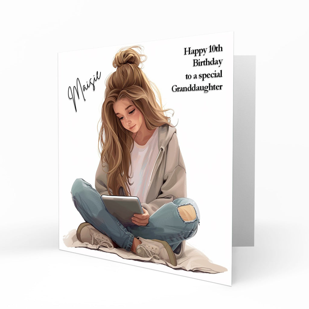 Personalised Birthday Card for Girls - Girl Using a Tablet