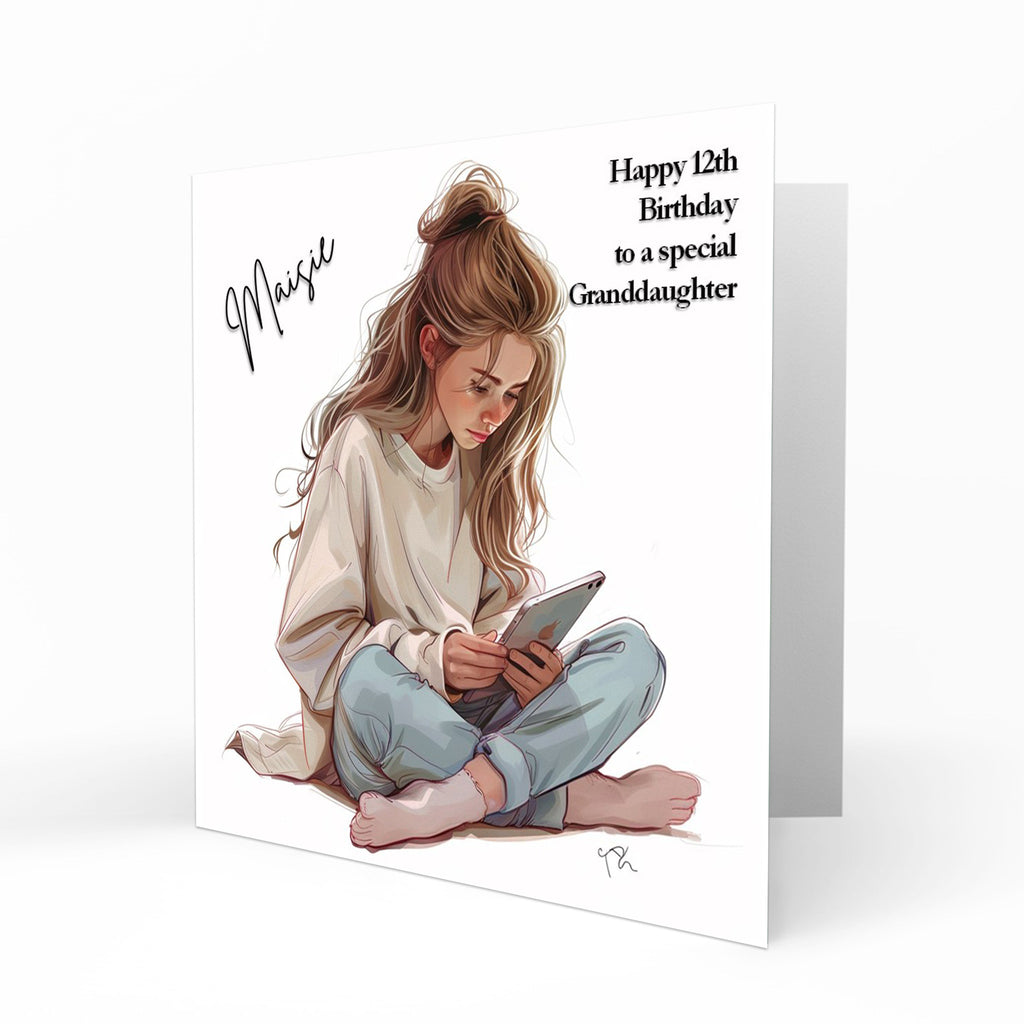 Personalised Birthday Card for Girls - Girl Using a Mobile Phone