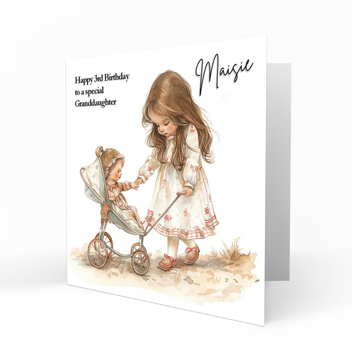 Personalised Birthday Card for Girls - Girl with a Doll and Pram