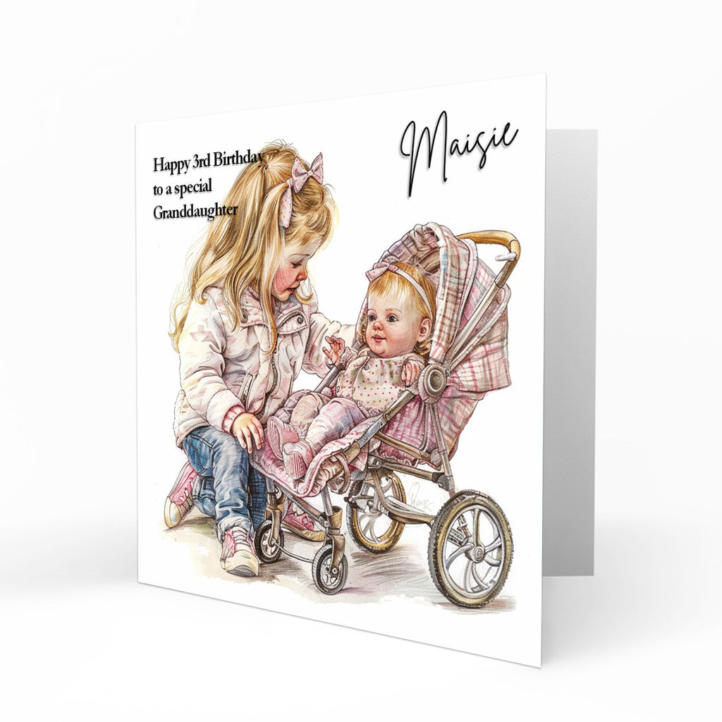 Personalised Birthday Card for Girls - Girl with a Doll and Pram