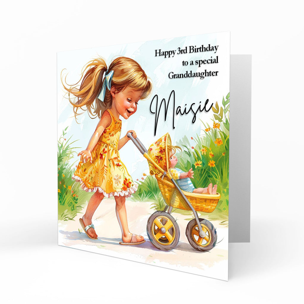Personalised Birthday Card for Girls - Girl with a Doll and Pram