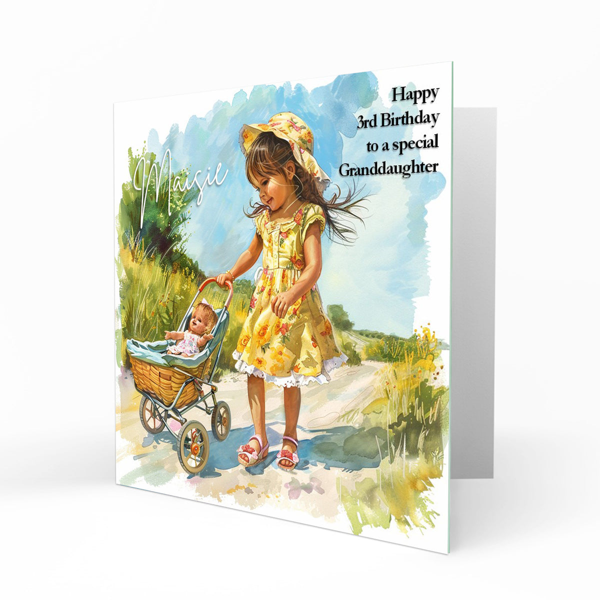 Personalised Birthday Card for Girls - Girl with a Doll and Pram