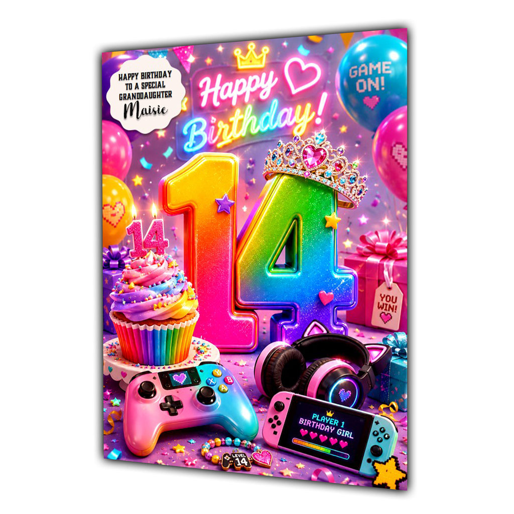 14th Birthday Card Gamer Girl Gaming Granddaughter Daughter Large A5 Size