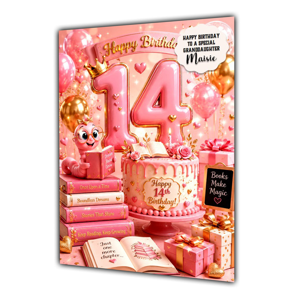 14th Birthday Card Girls Bookworm Granddaughter Daughter Large A5 Size
