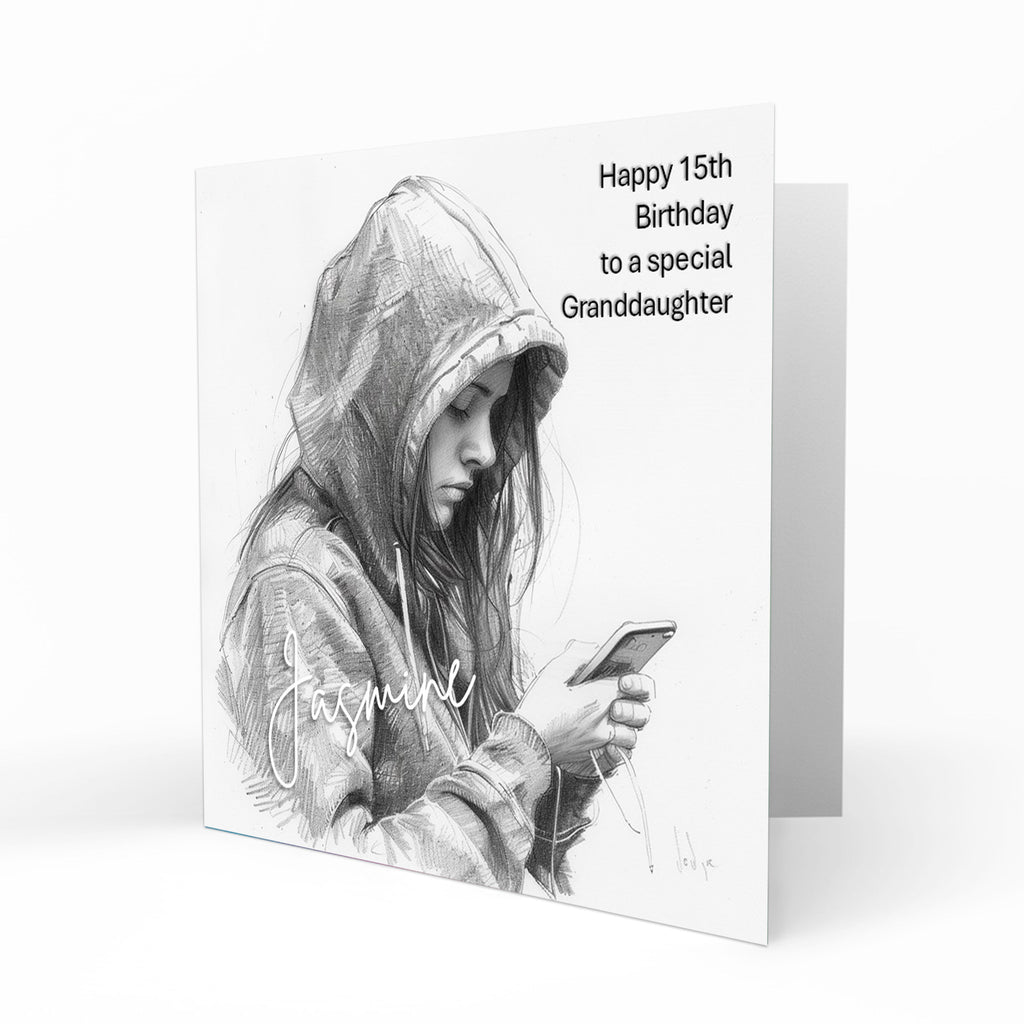 Personalised Birthday Card - Girl in a Hoodie Using a Phone, Pencil Sketch