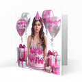 Personalised Birthday Card - Girl with Birthday Cake and Balloons