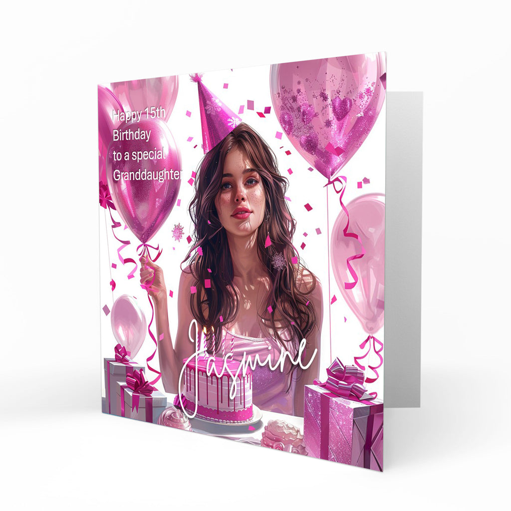 Personalised Birthday Card - Girl with Birthday Cake and Balloons