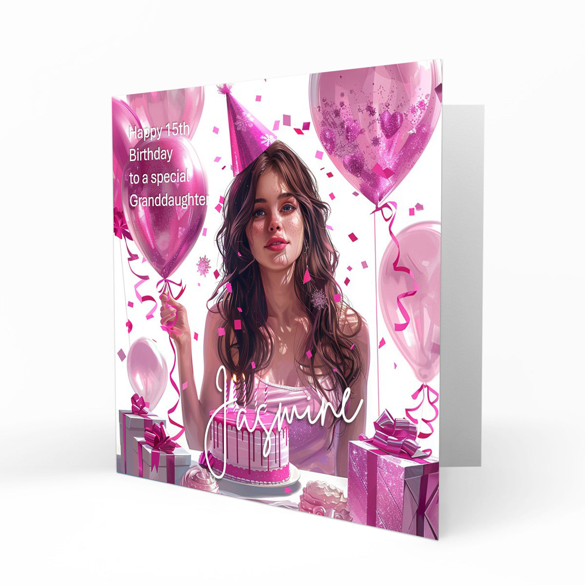 Personalised Birthday Card - Girl with Birthday Cake and Balloons