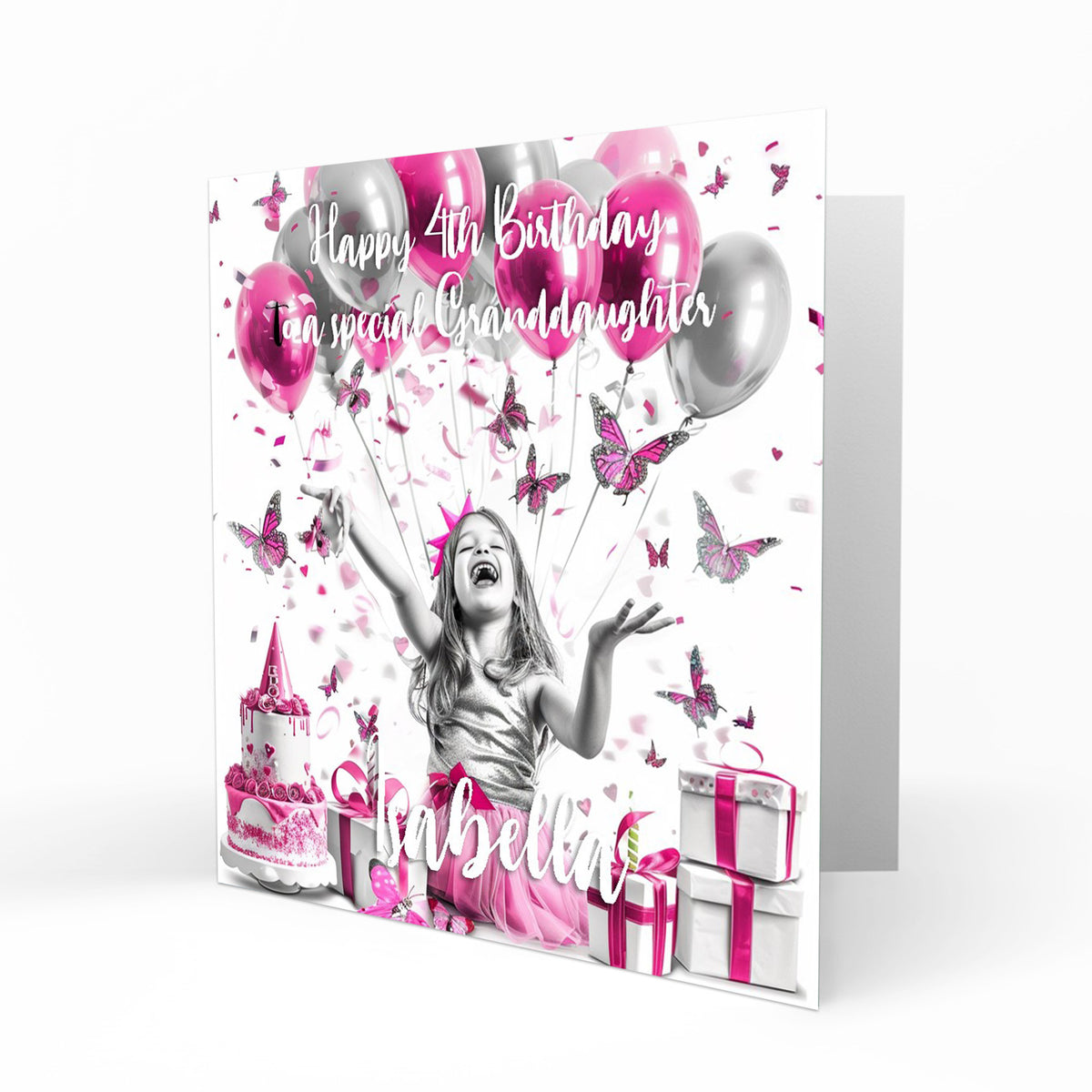 Personalised Birthday Card - Girl with Birthday Cake and Balloons