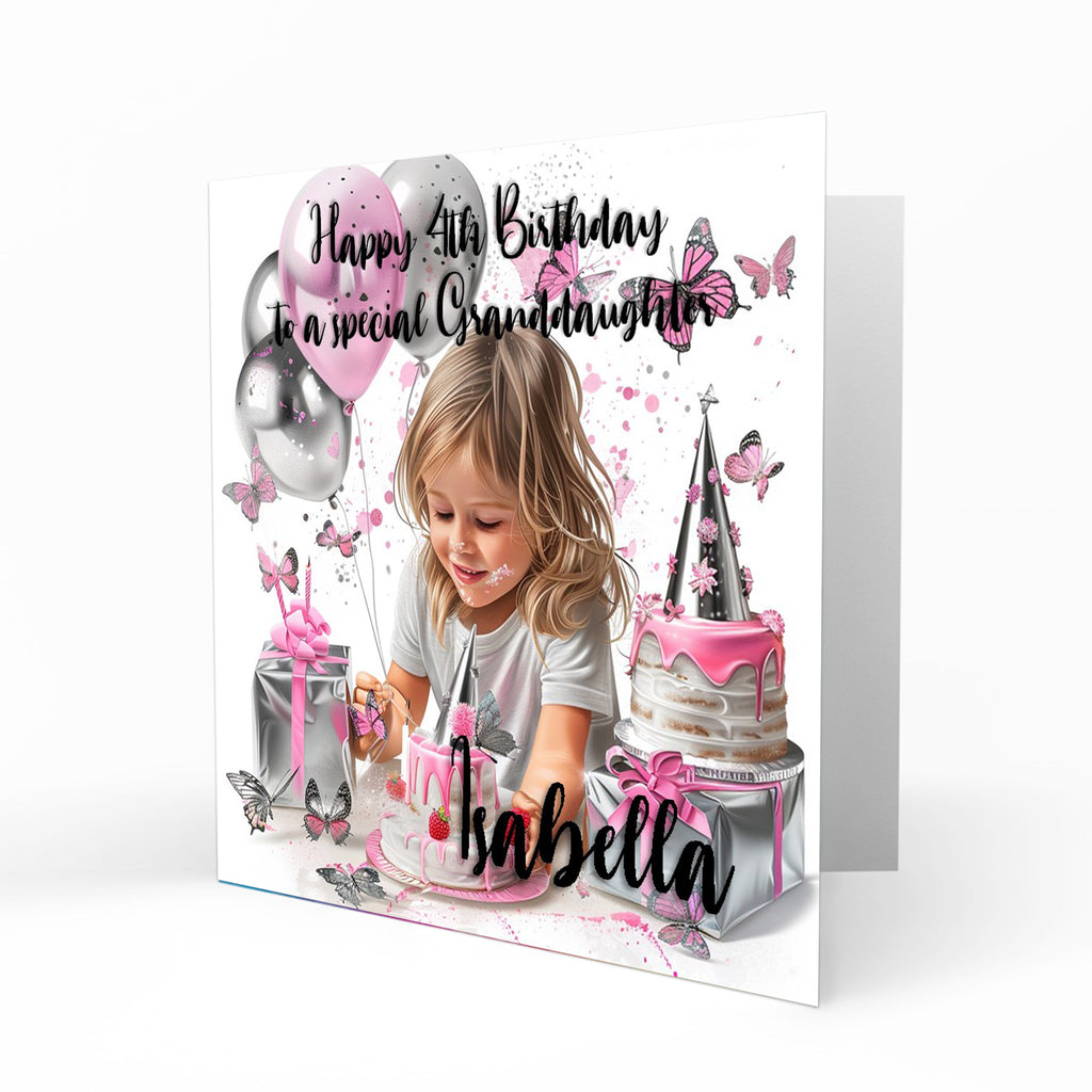 Personalised Birthday Card - Girl with Birthday Cake and Balloons