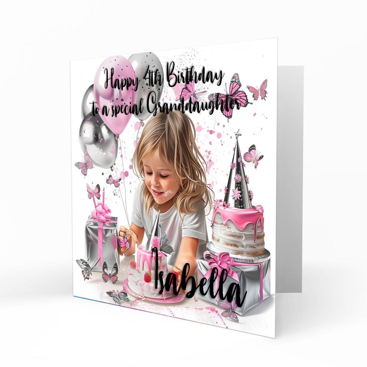 Personalised Birthday Card - Girl with Birthday Cake and Balloons