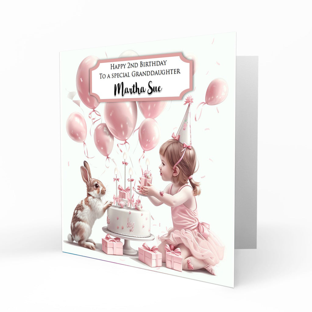 Personalised Birthday Card - Girl with Rabbits and Birthday Cake