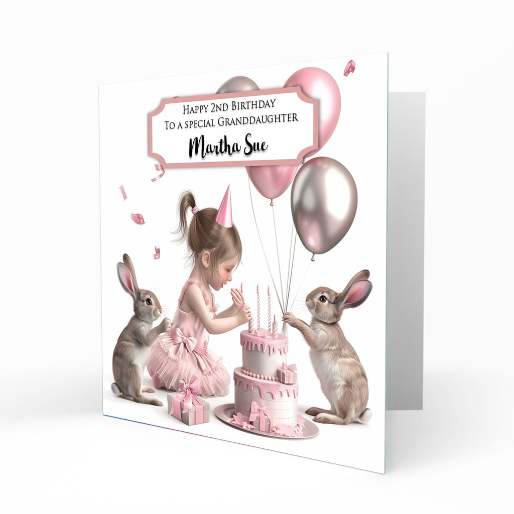 Personalised Birthday Card - Girl with Rabbits and Birthday Cake