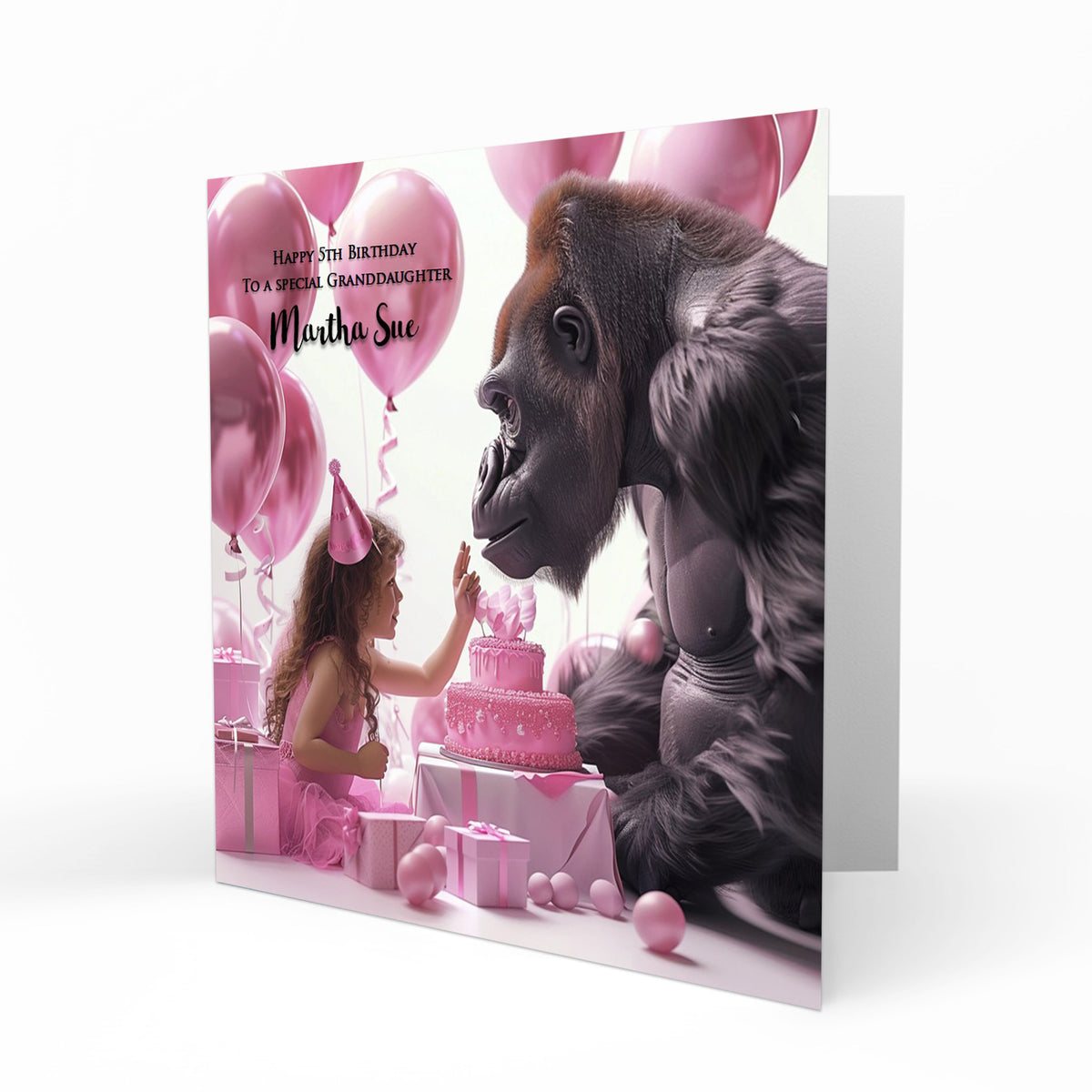 Personalised Birthday Card - Girl with a Gorilla and Birthday Cake