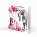 Personalised Birthday Card - Girl with a White Horse and Birthday Cake