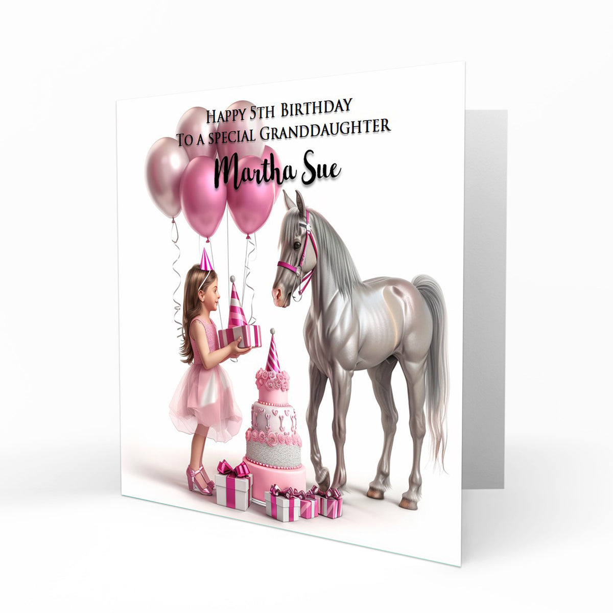 Personalised Birthday Card - Girl with a White Horse and Birthday Cake