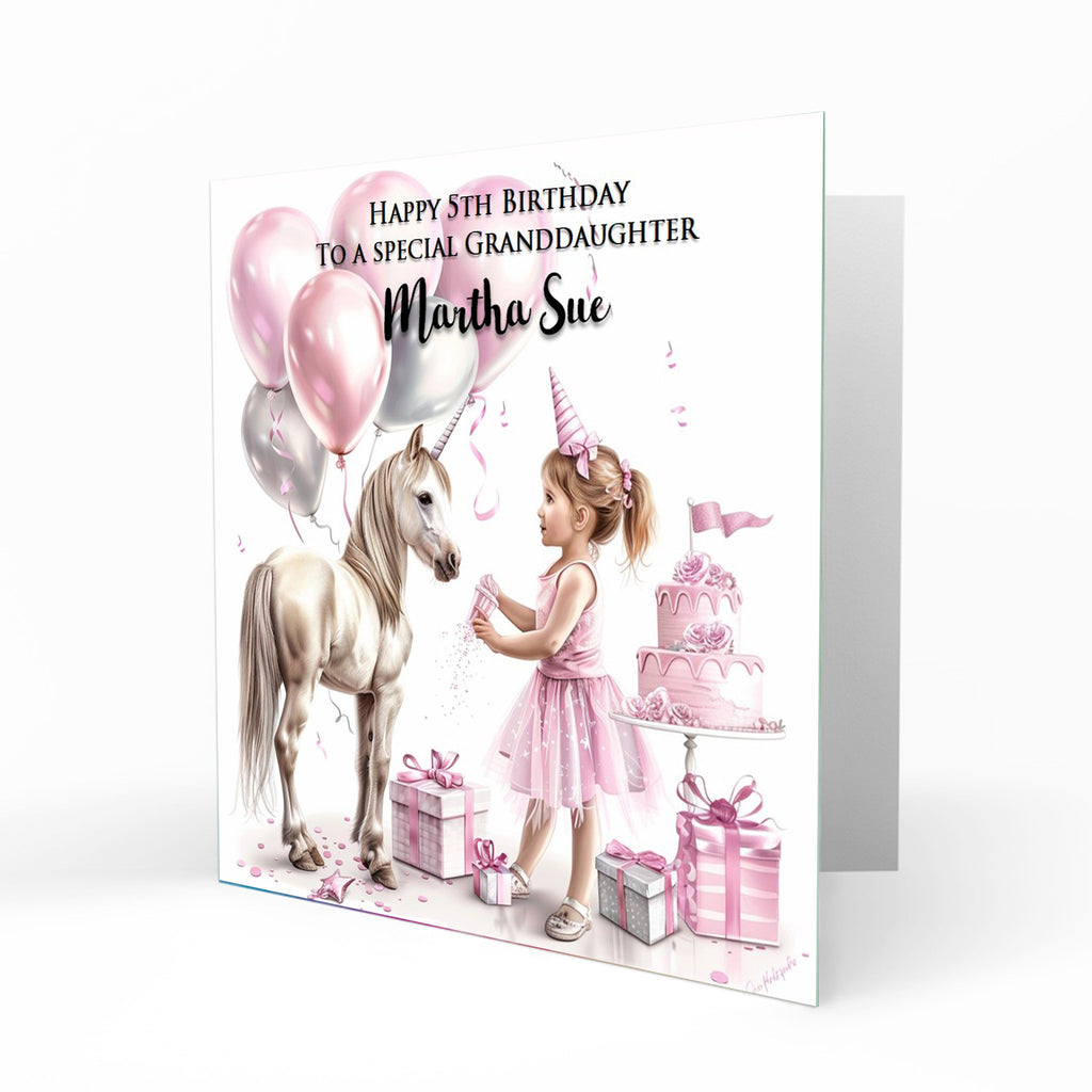 Personalised Birthday Card - Girl with a White Horse and Birthday Cake