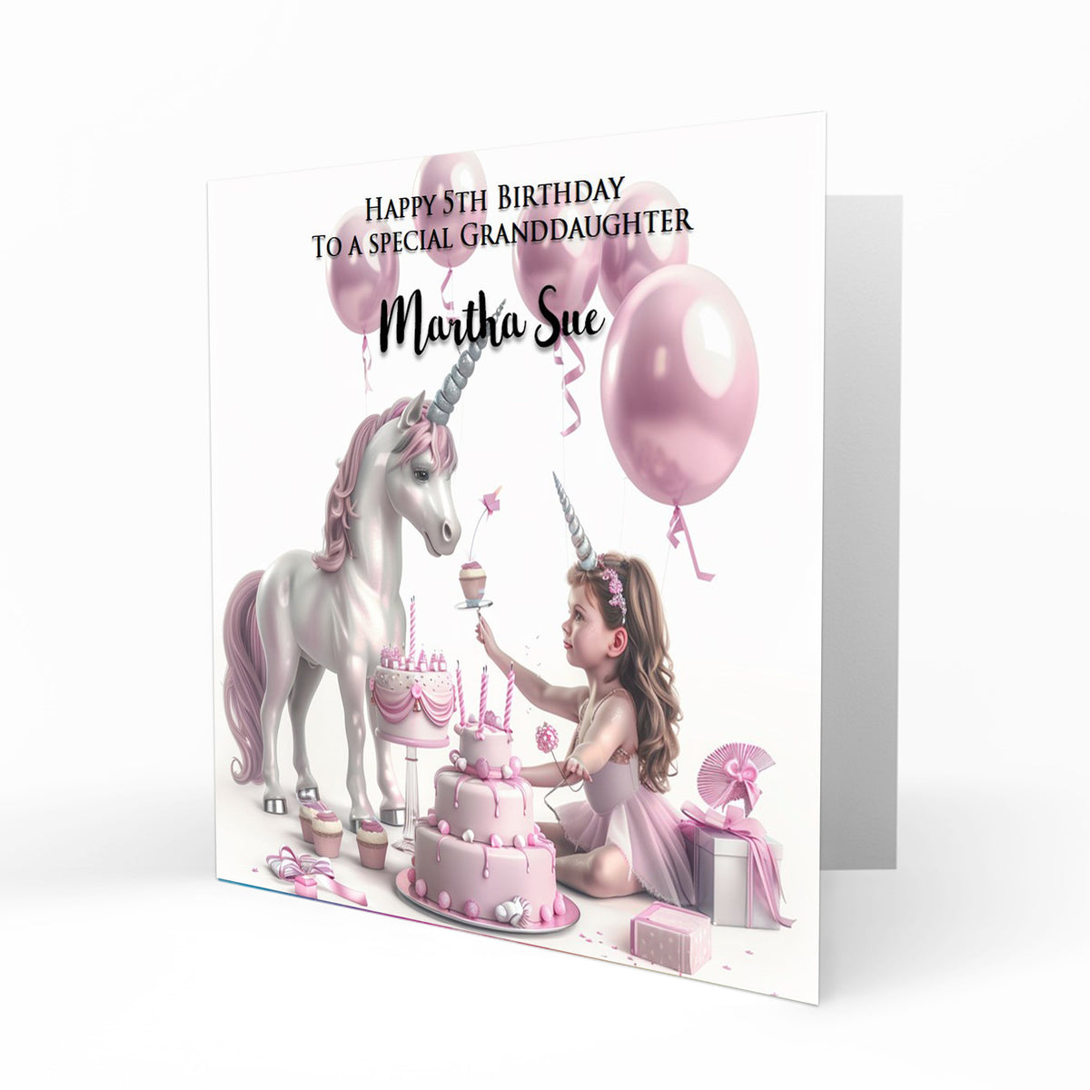 Personalised Birthday Card - Girl with a Unicorn and Birthday Cake