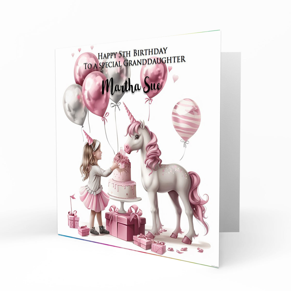 Personalised Birthday Card - Girl with a Unicorn and Birthday Cake