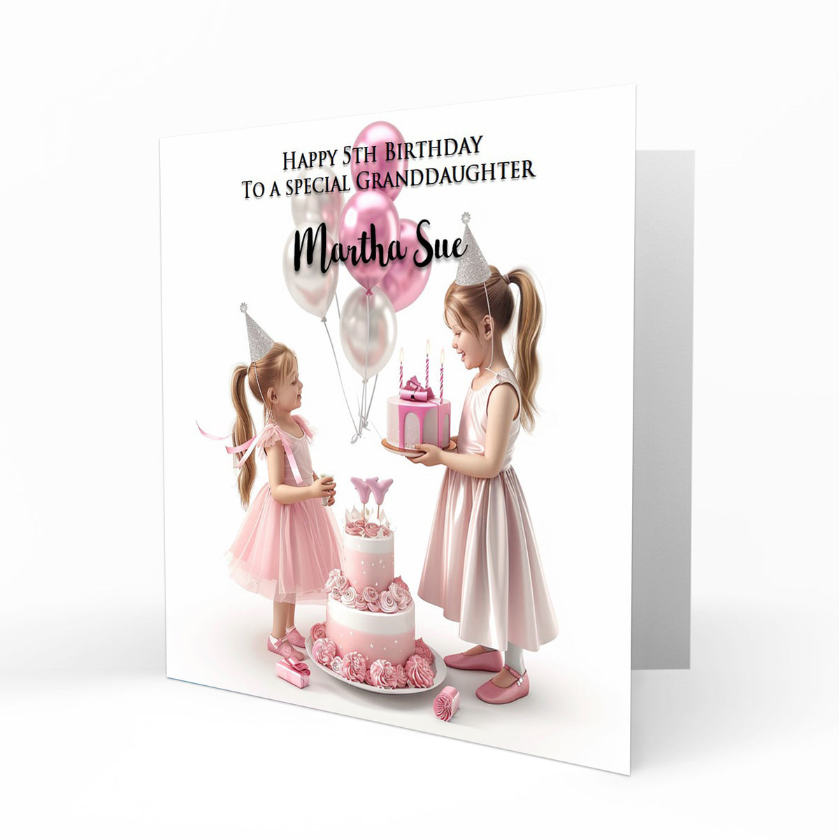 Personalised Birthday Card - Girls with Birthday Cake and Presents