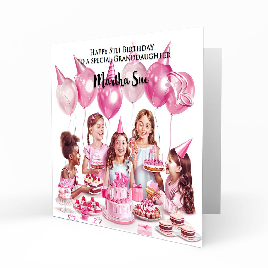 Personalised 5th Birthday Card - Girls Celebrating with Cake and Balloons