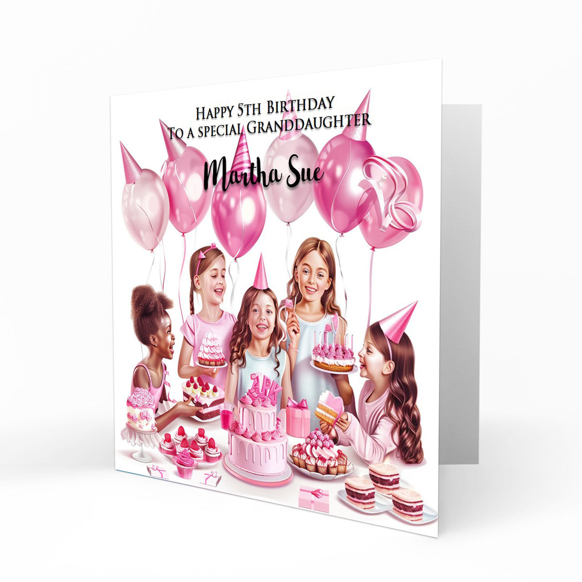 Personalised 5th Birthday Card - Girls Celebrating with Cake and Balloons