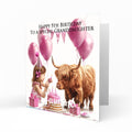 Personalised Birthday Card - Girl with a Highland Cow and Birthday Cake