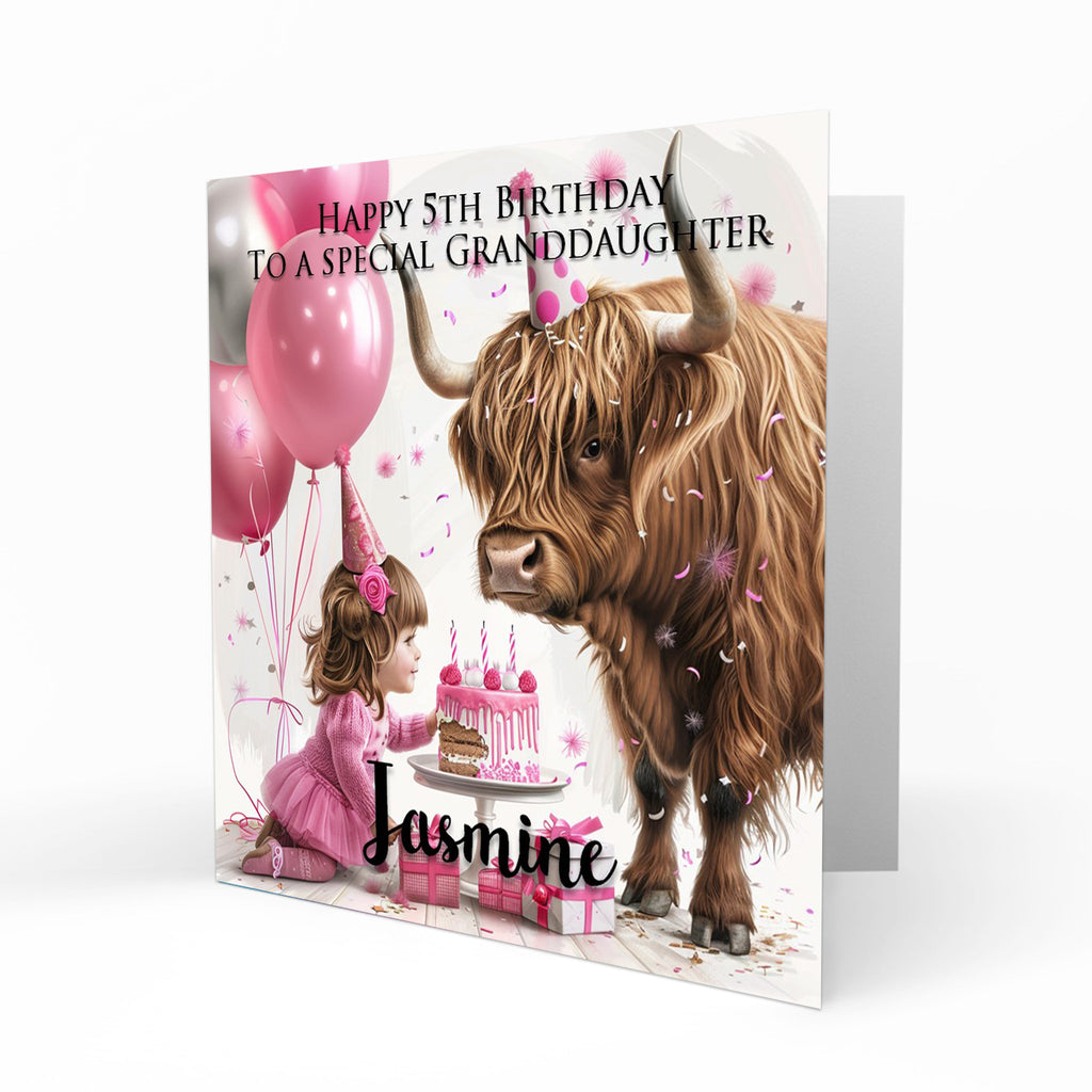 Personalised Birthday Card - Girl with a Highland Cow and Birthday Cake