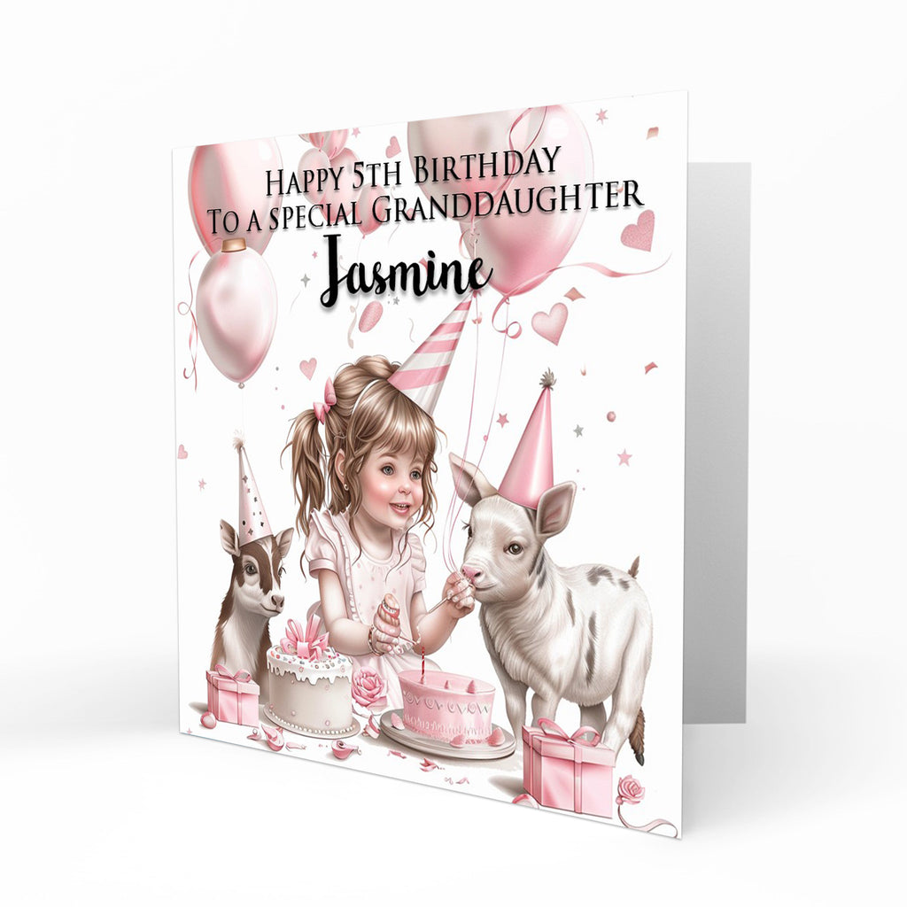 Personalised 5th Birthday Card - Girl Celebrating with Animals and Cake