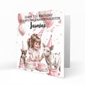 Personalised 5th Birthday Card - Girl Celebrating with Animals and Cake