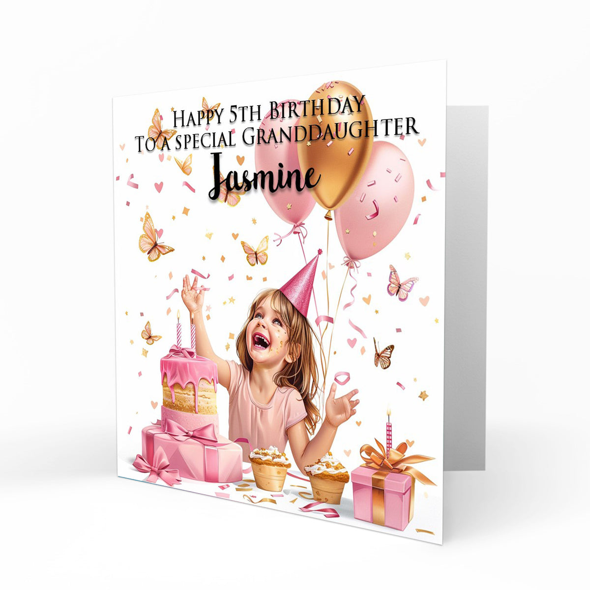Personalised Birthday Card - Girl with Birthday Cake and Butterflies