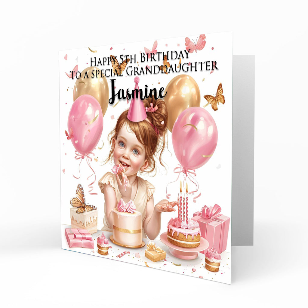 Personalised Birthday Card - Girl with Birthday Cake and Butterflies