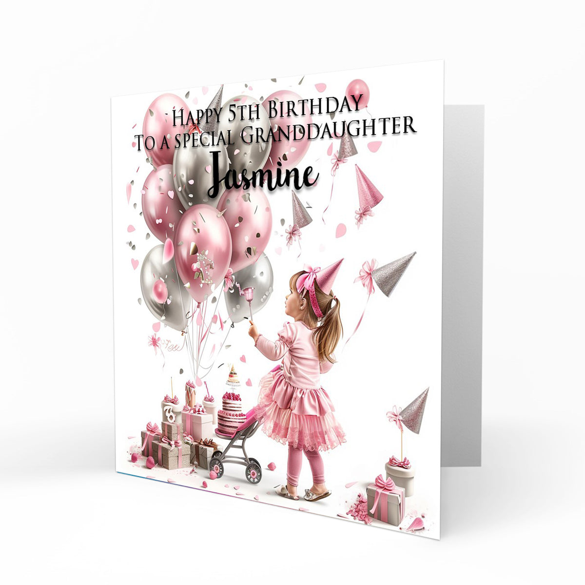 Personalised Birthday Card - Girl with a Doll Pram and Birthday Balloons