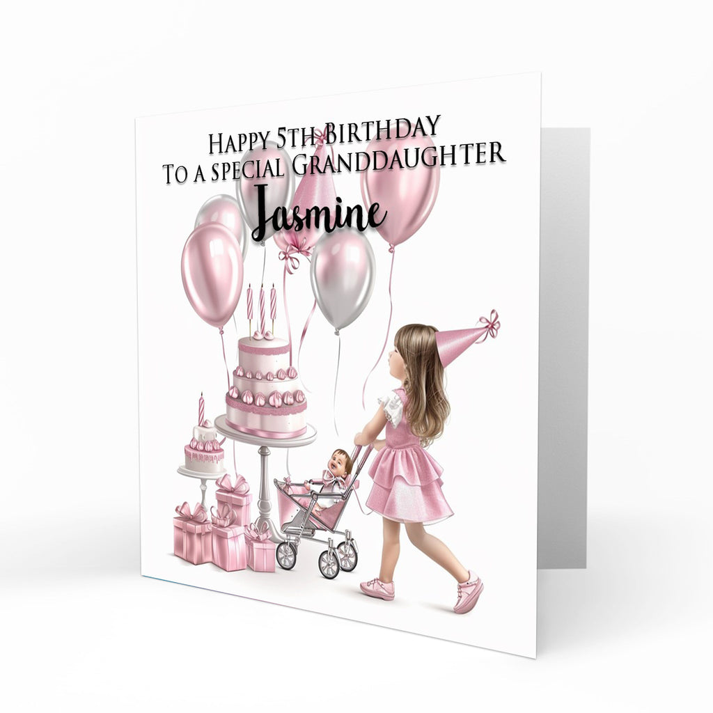 Personalised Birthday Card - Girl with a Doll Pram and Birthday Balloons