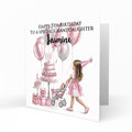 Personalised Birthday Card - Girl with a Doll Pram and Birthday Balloons