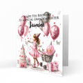 Personalised Birthday Card - Girl with a Doll Pram and Birthday Balloons