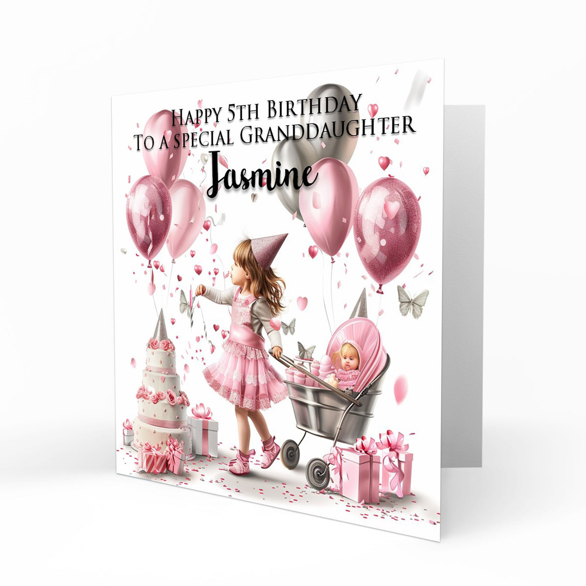 Personalised Birthday Card - Girl with a Doll Pram and Birthday Balloons