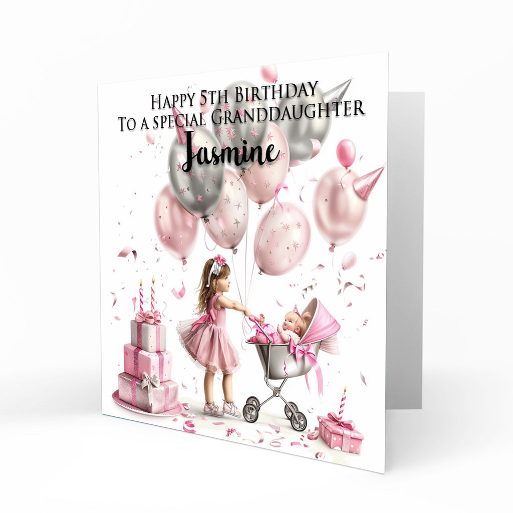 Personalised Birthday Card - Girl with a Doll Pram and Birthday Balloons