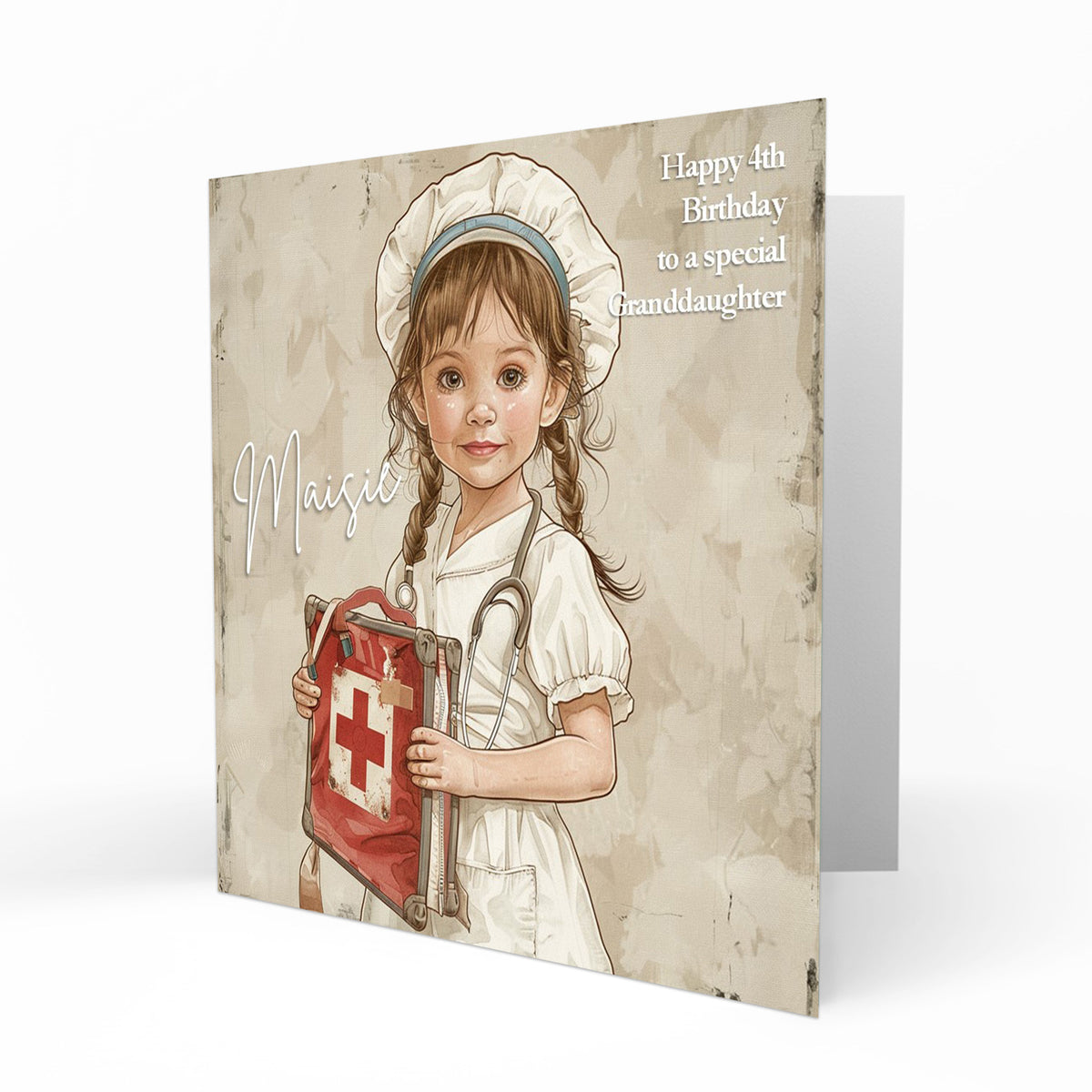 Personalised 4th Birthday Card - Little Nurse with a First Aid Bag