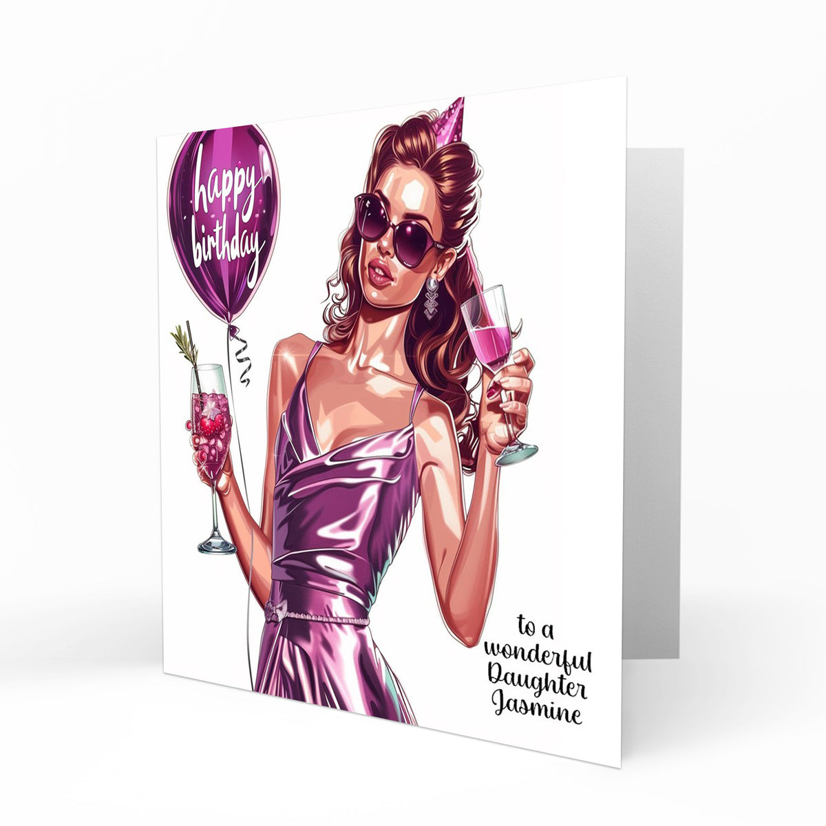 Personalised Birthday Card - Woman with Drinks and a Birthday Balloon