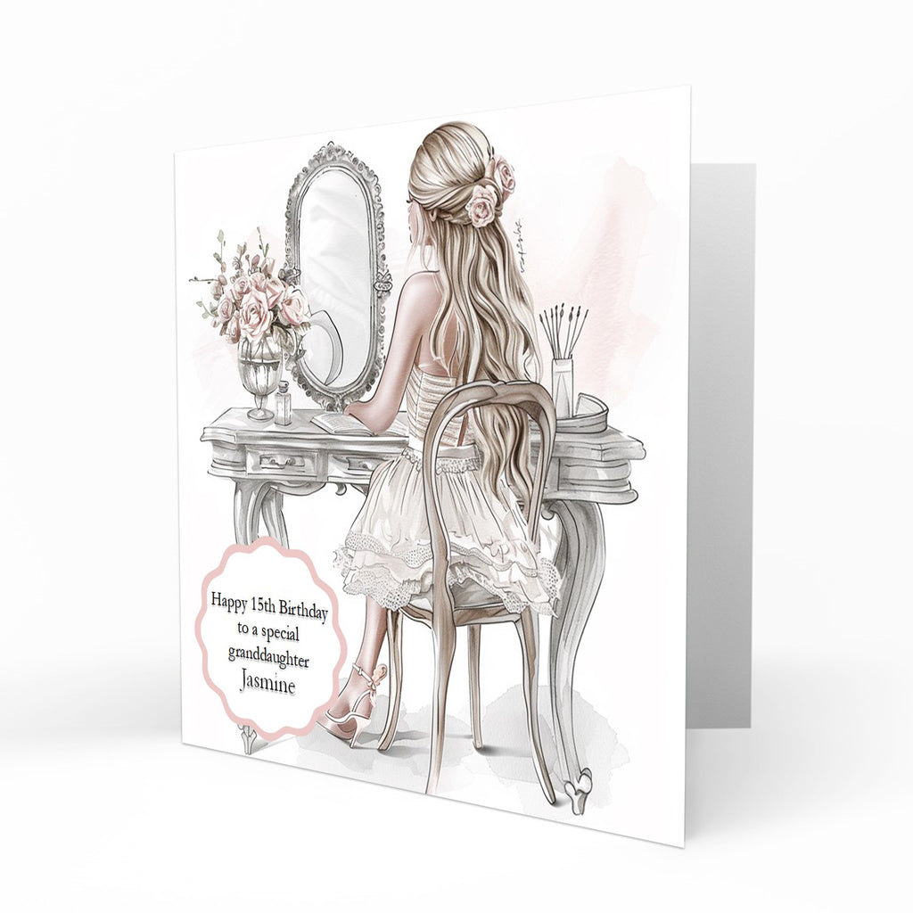 Personalised Birthday Card - Girl in a Party Dress at a Dressing Table