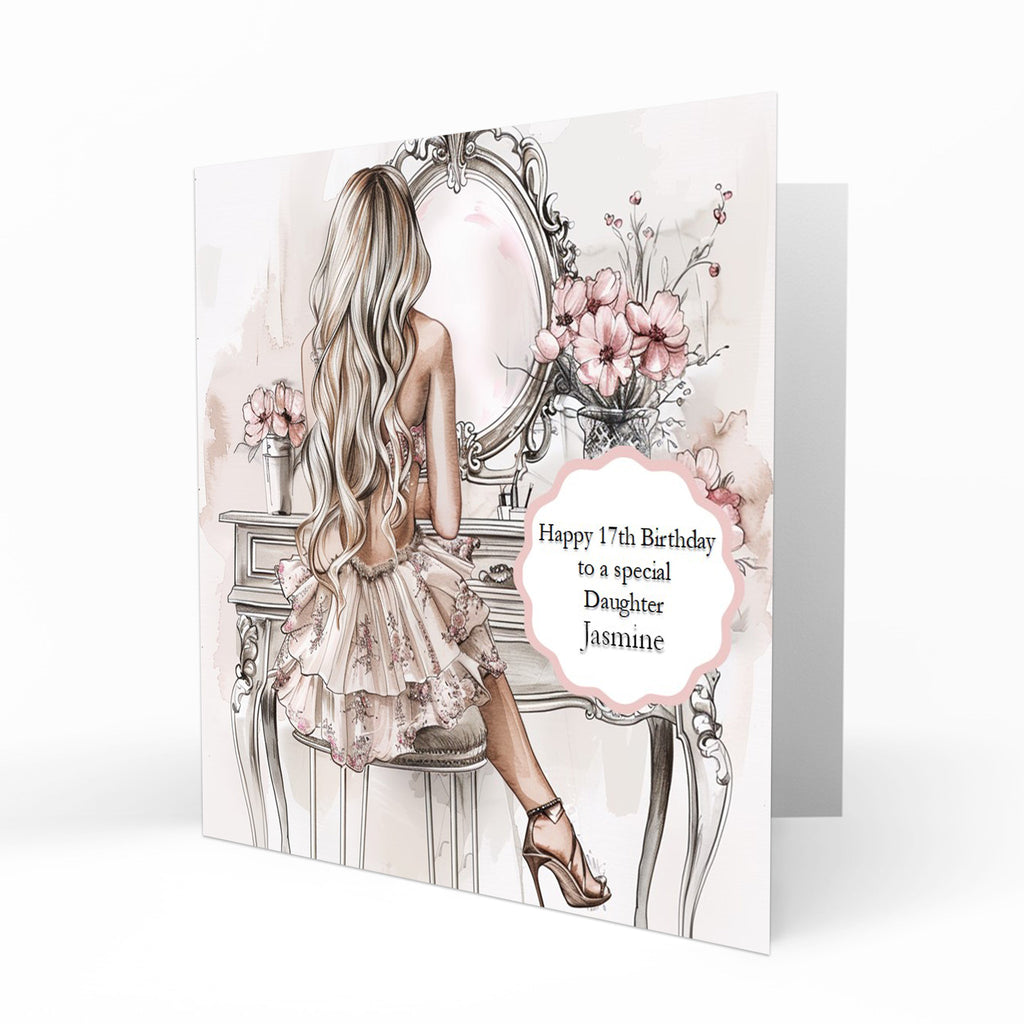 Personalised Birthday Card - Girl in a Party Dress at a Dressing Table