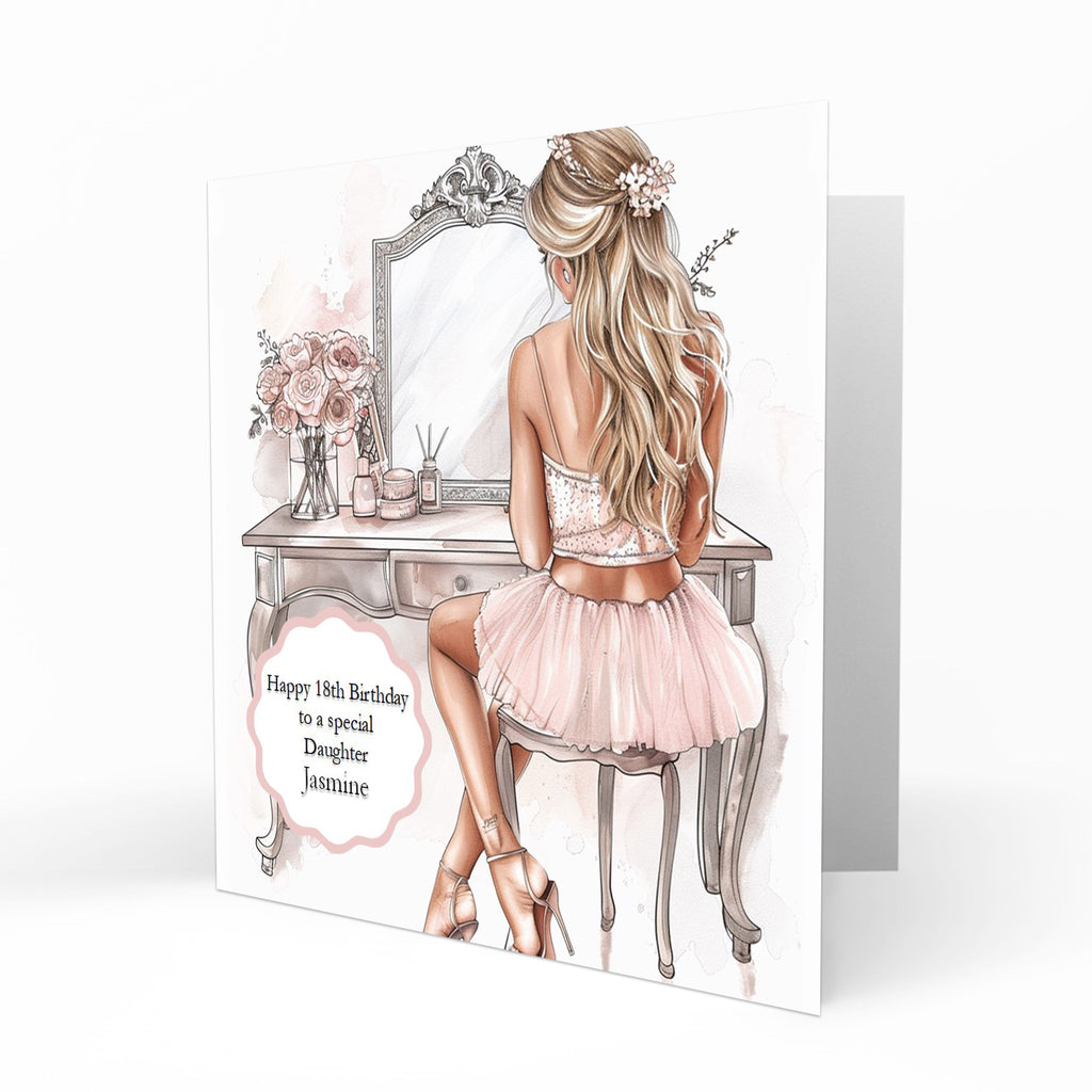 Personalised Birthday Card - Girl in a Party Dress at a Dressing Table