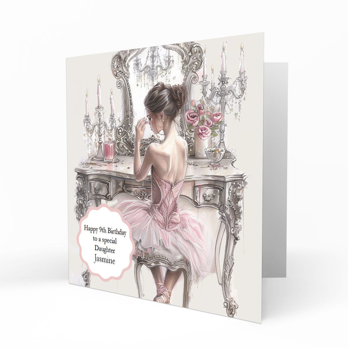 Personalised Birthday Card - Girl in a Party Dress at a Dressing Table
